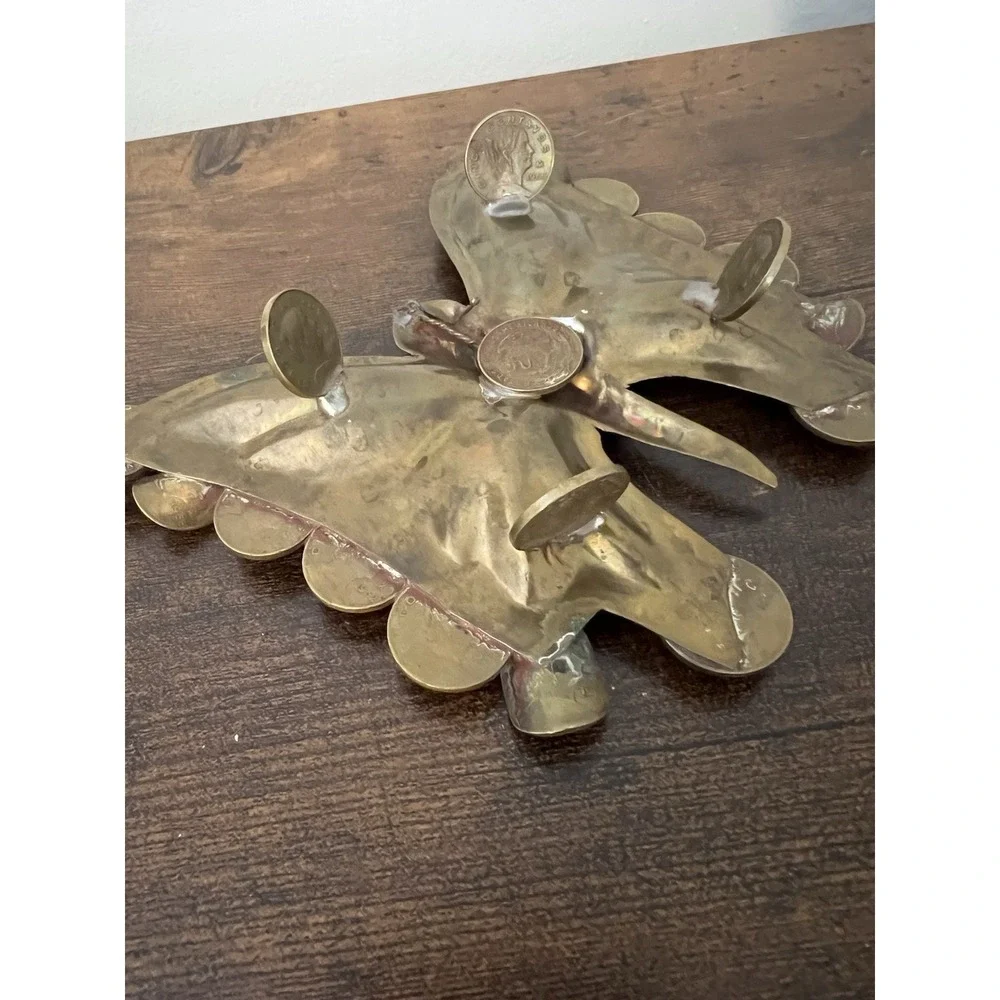 Vintage Brass Butterfly‎ Ashtray Mexican Coin Cigarette Rests 1960s 1970s